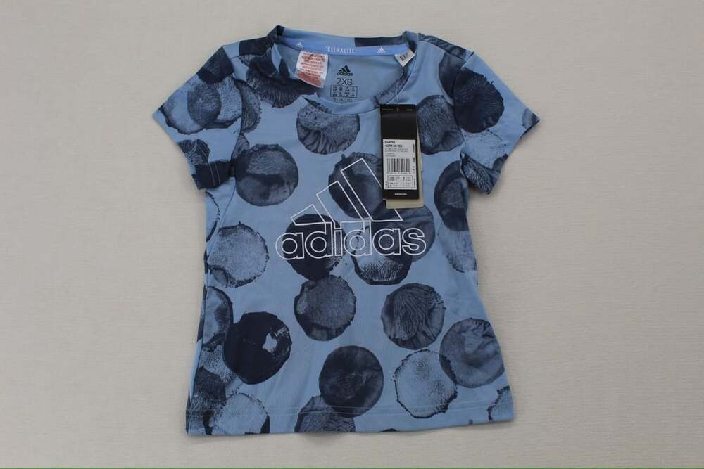 Adidas Youth Girls Climalite Allover Print Short Sleeve T-Shirt Blue 2XS New